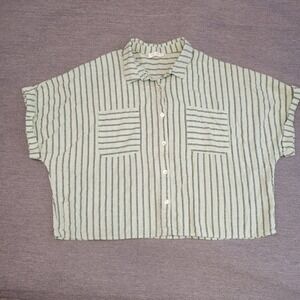 Miss Love Mint Green Striped Linen Blend Boxy Button Down Shirt Womens Small